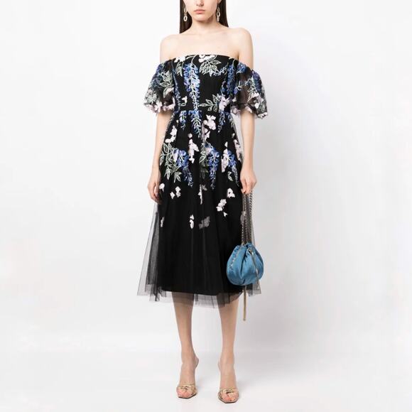 Marchesa Embroidered Tulle Midi Dress Black Blue 3D Floral Off Shoulder Sz 0 - Picture 3 of 12